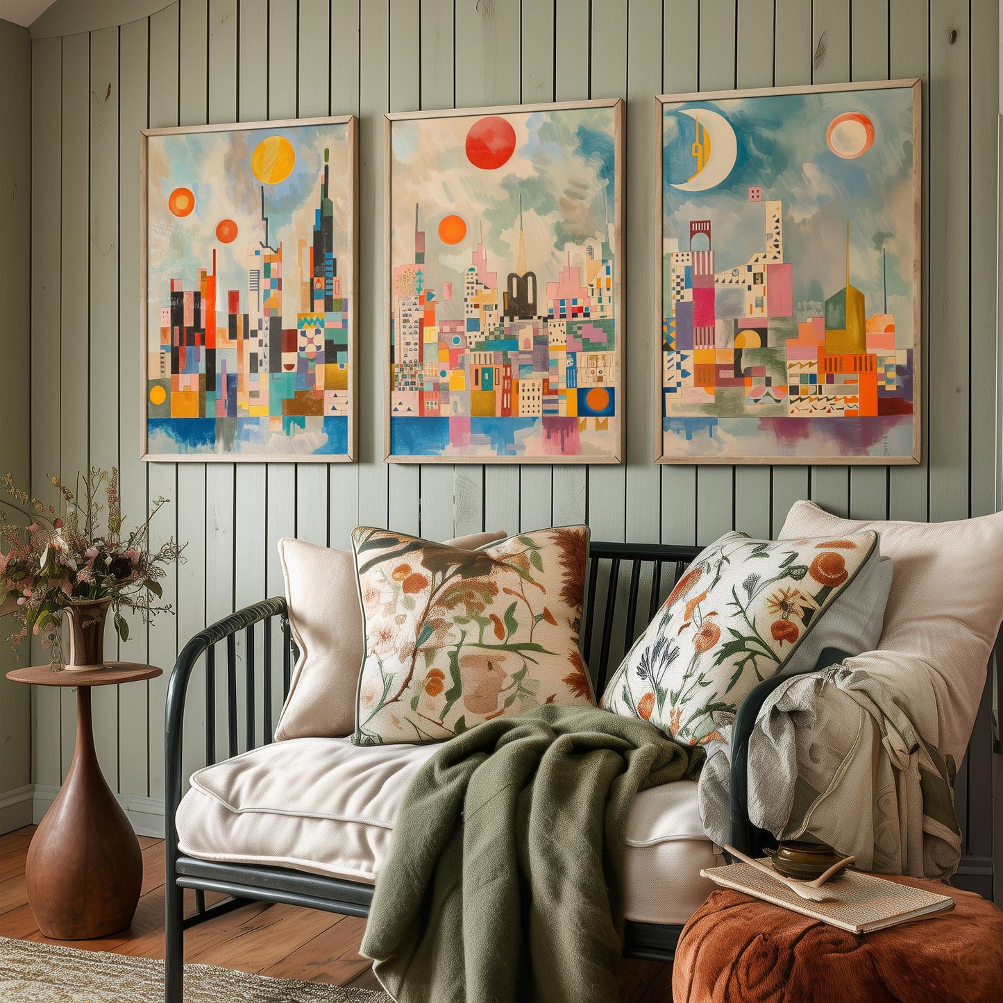 London Set of Three Art Prints - Colourful Geometric Abstract Skyline Posters - Modernist City Illustration - Sun and Moon Painting