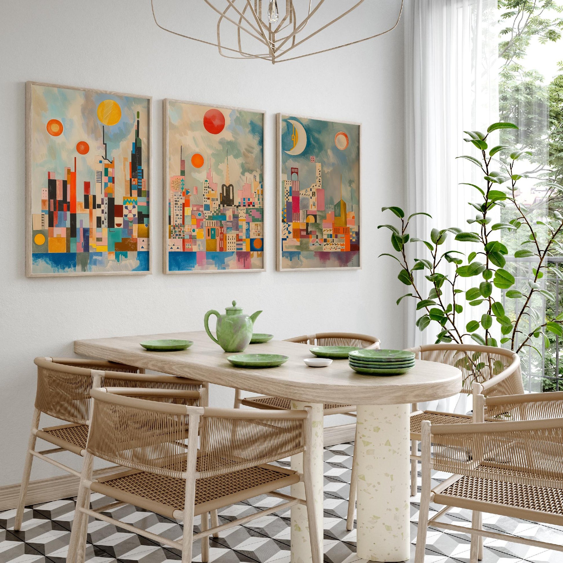 London Set of Three Art Prints - Colourful Geometric Abstract Skyline Posters - Modernist City Illustration - Sun and Moon Painting