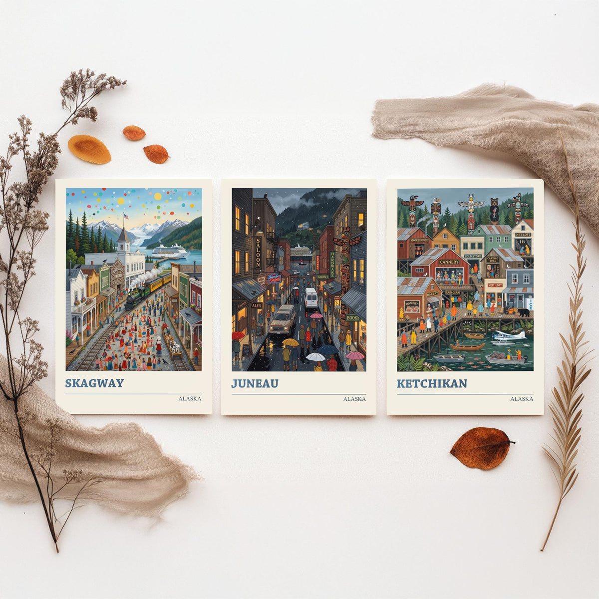 Alaska Set of Three Art Prints - Skagway, Juneau, Ketchikan - 3 Colourful Folk Illustration Travel Posters - Alaskan Painting