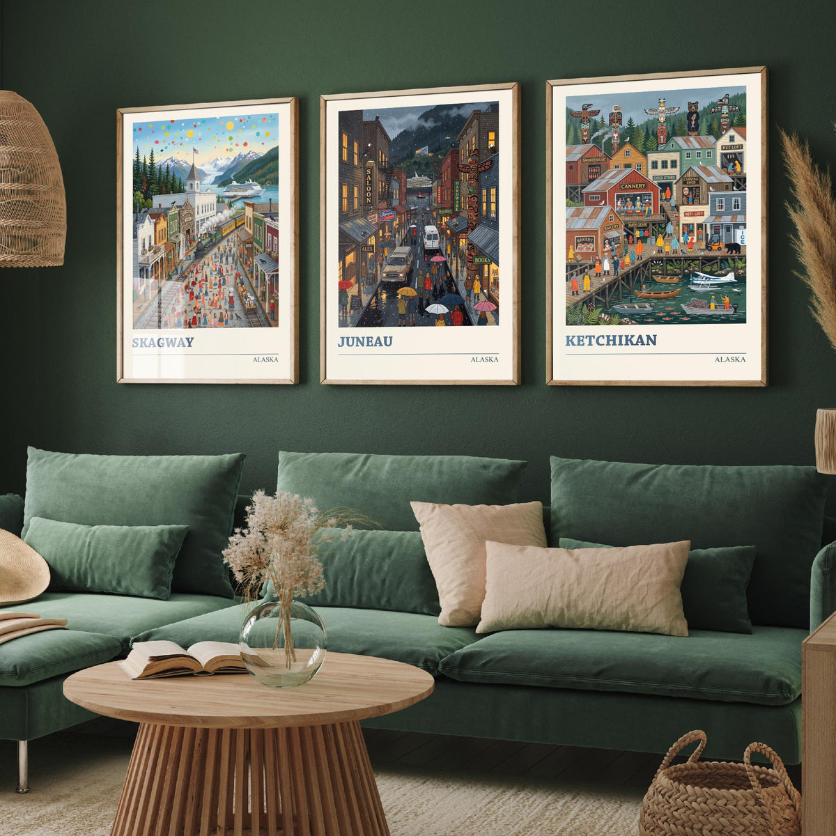 Alaska Set of Three Art Prints - Skagway, Juneau, Ketchikan - 3 Colourful Folk Illustration Travel Posters - Alaskan Painting