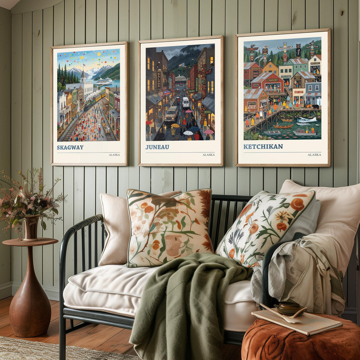 Alaska Set of Three Art Prints - Skagway, Juneau, Ketchikan - 3 Colourful Folk Illustration Travel Posters - Alaskan Painting