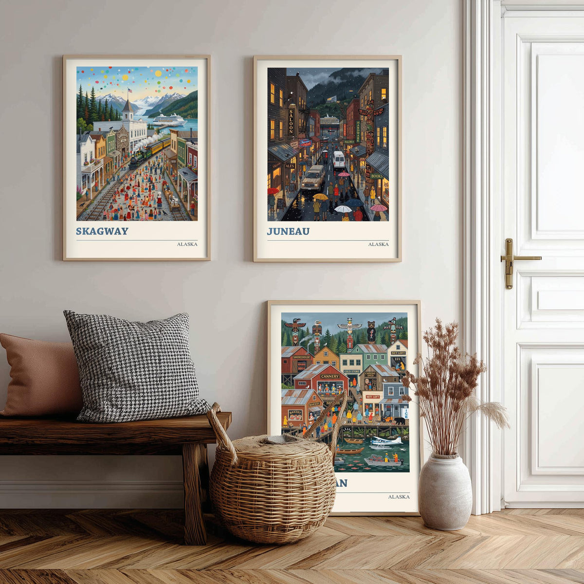 Alaska Set of Three Art Prints - Skagway, Juneau, Ketchikan - 3 Colourful Folk Illustration Travel Posters - Alaskan Painting