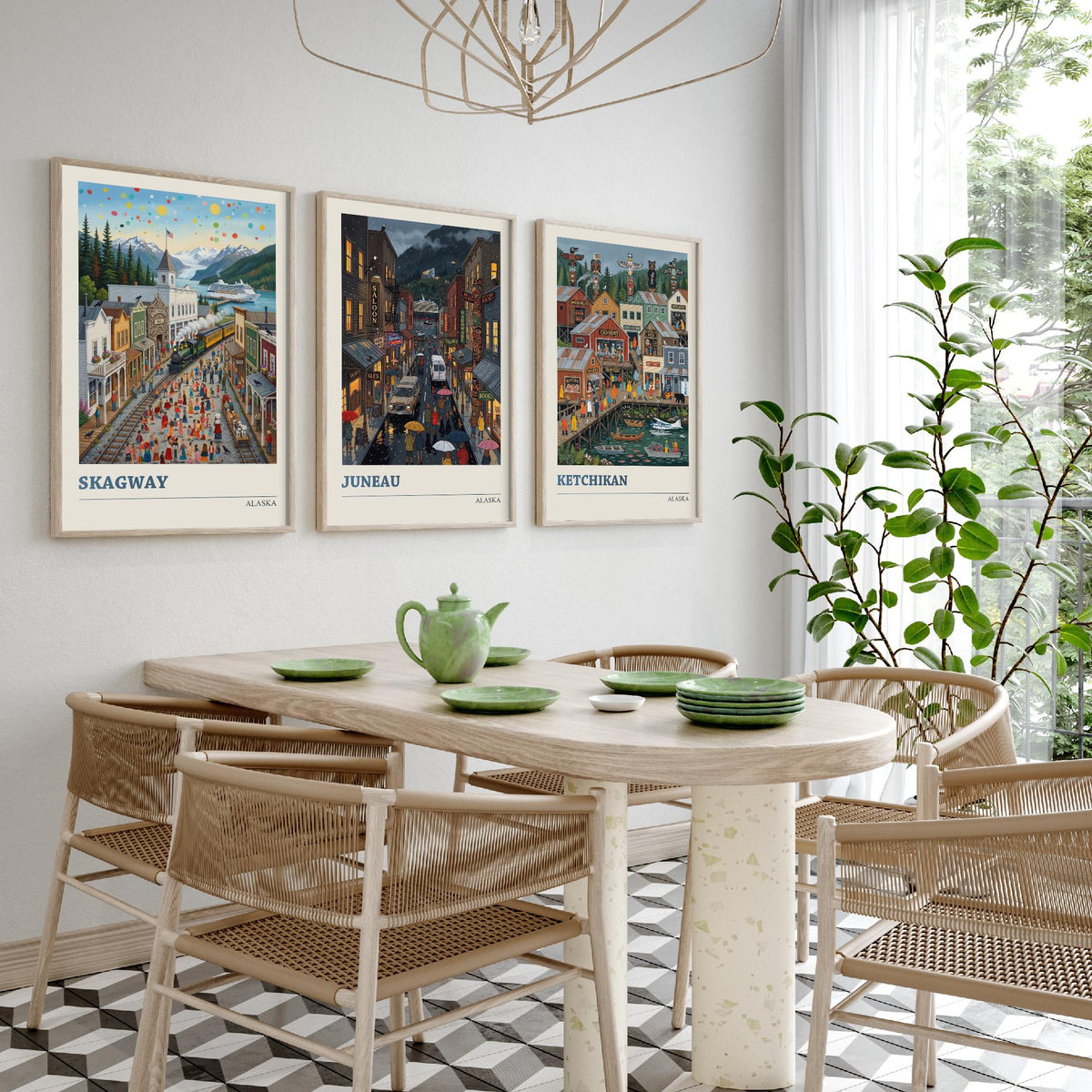 Alaska Set of Three Art Prints - Skagway, Juneau, Ketchikan - 3 Colourful Folk Illustration Travel Posters - Alaskan Painting
