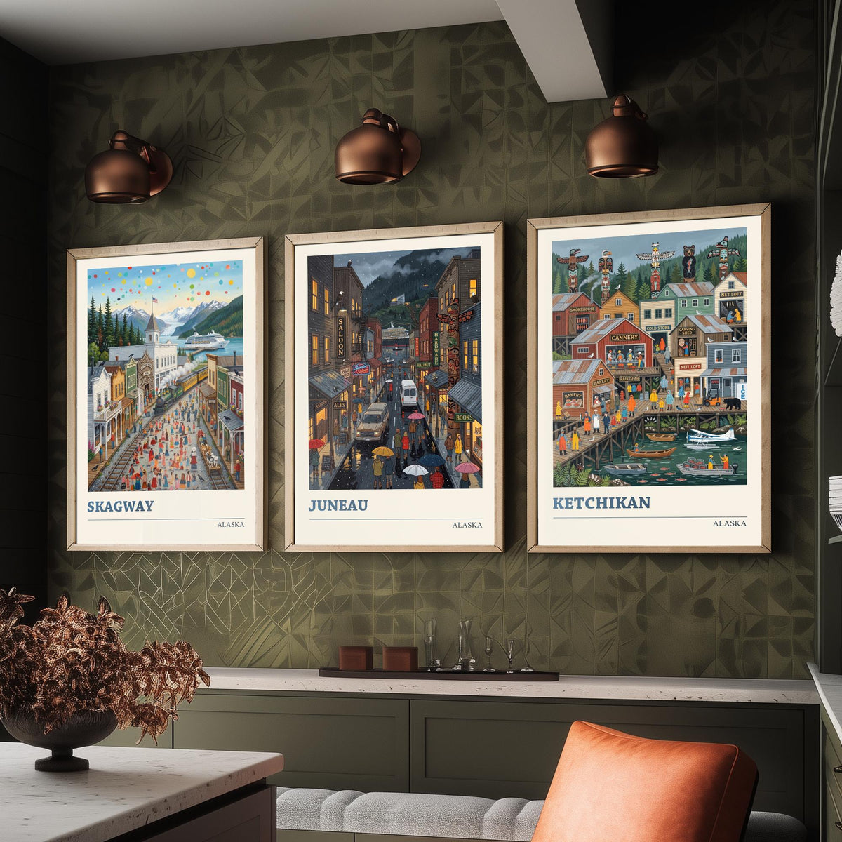 Alaska Set of Three Art Prints - Skagway, Juneau, Ketchikan - 3 Colourful Folk Illustration Travel Posters - Alaskan Painting