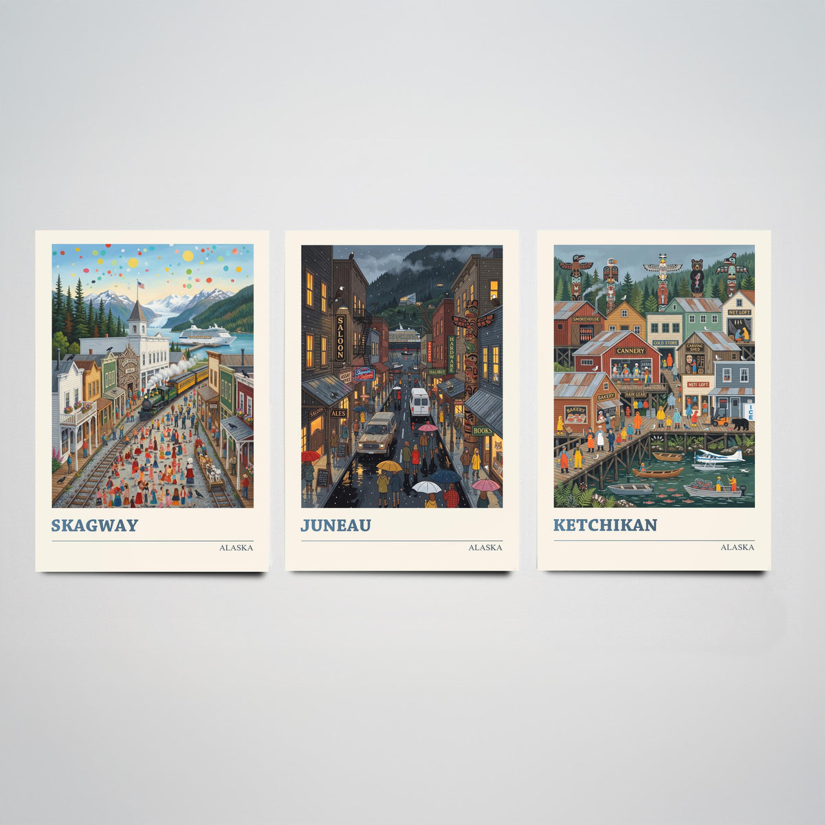 Alaska Set of Three Art Prints - Skagway, Juneau, Ketchikan - 3 Colourful Folk Illustration Travel Posters - Alaskan Painting