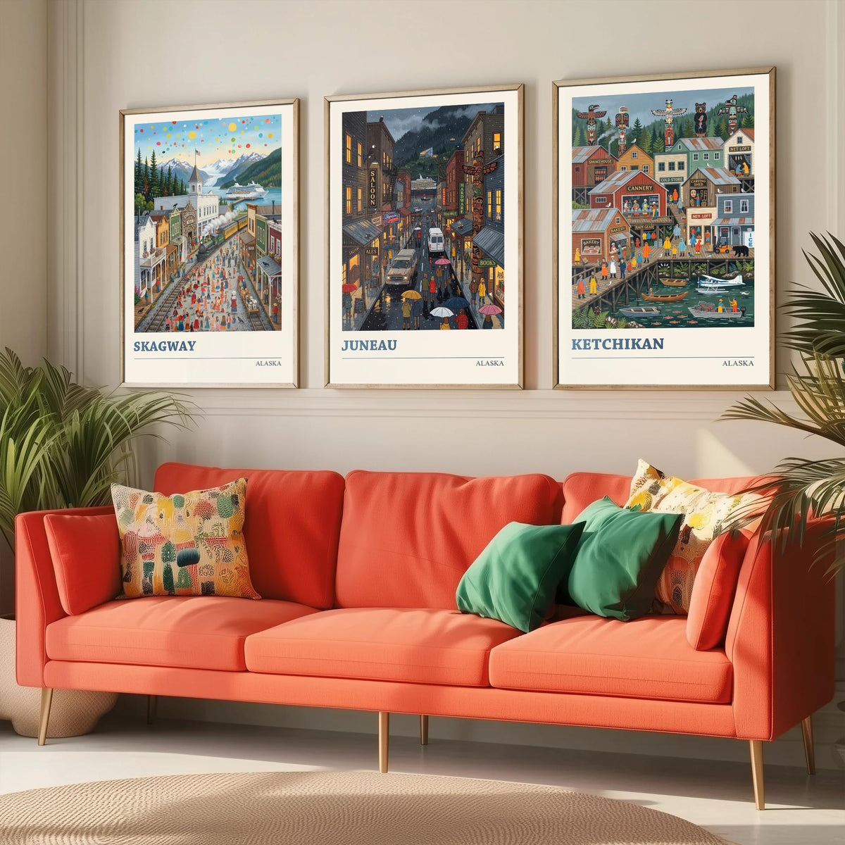 Alaska Set of Three Art Prints - Skagway, Juneau, Ketchikan - 3 Colourful Folk Illustration Travel Posters - Alaskan Painting