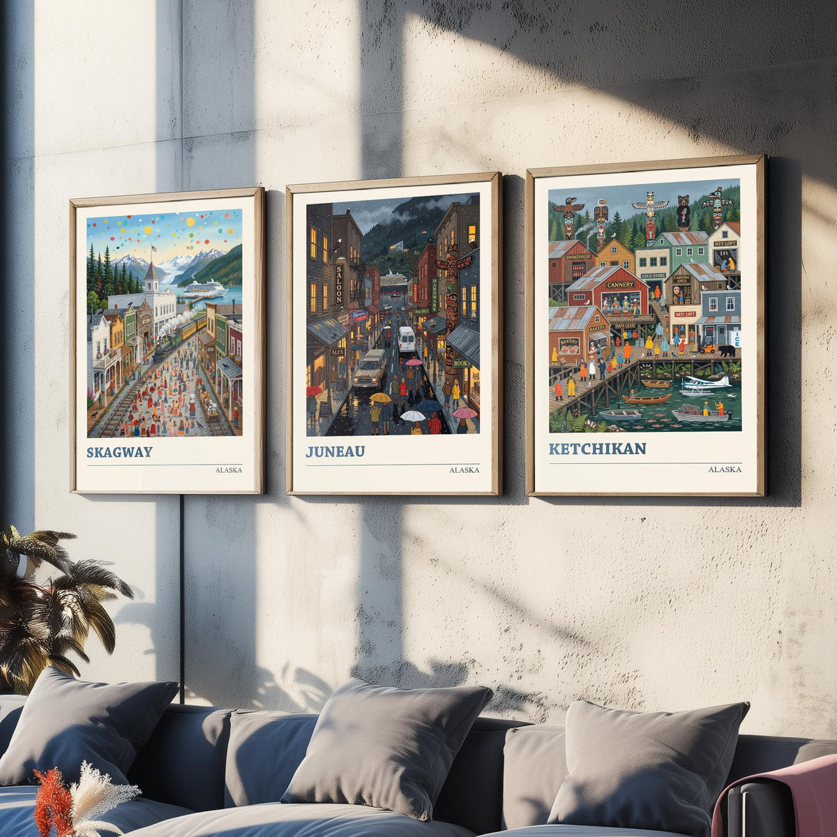 Alaska Set of Three Art Prints - Skagway, Juneau, Ketchikan - 3 Colourful Folk Illustration Travel Posters - Alaskan Painting