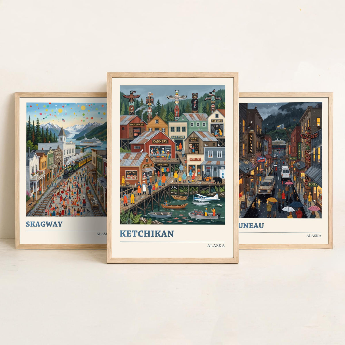 Alaska Set of Three Art Prints - Skagway, Juneau, Ketchikan - 3 Colourful Folk Illustration Travel Posters - Alaskan Painting
