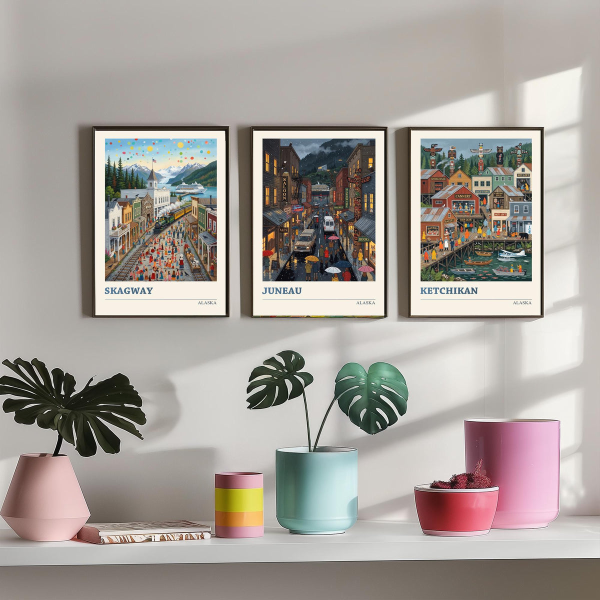 Alaska Set of Three Art Prints - Skagway, Juneau, Ketchikan - 3 Colourful Folk Illustration Travel Posters - Alaskan Painting