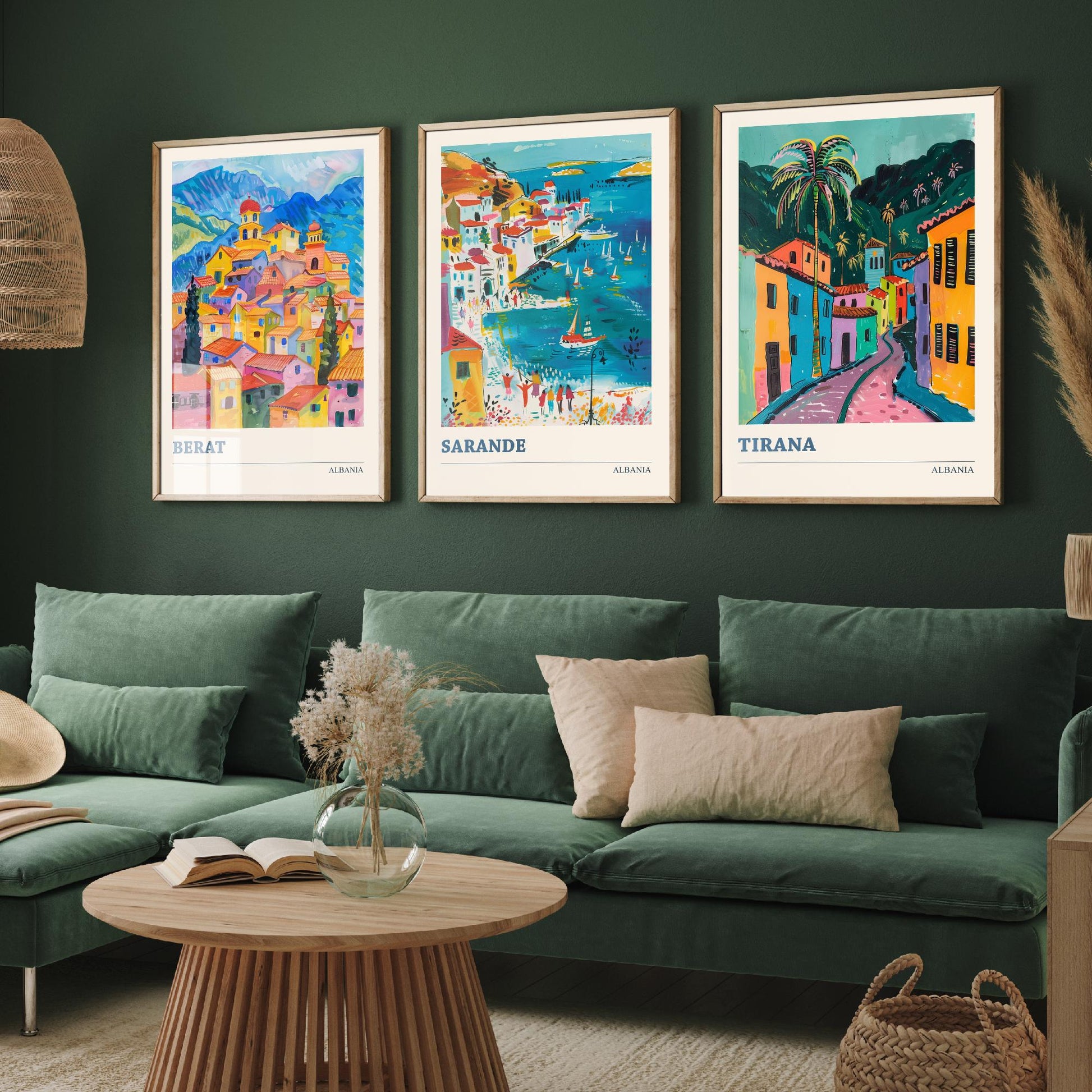 Albania Set of Three Prints | Berat Sarande Tirana | Colourful Balkan Travel Poster Wall Art - 3 Vibrant City Paintings