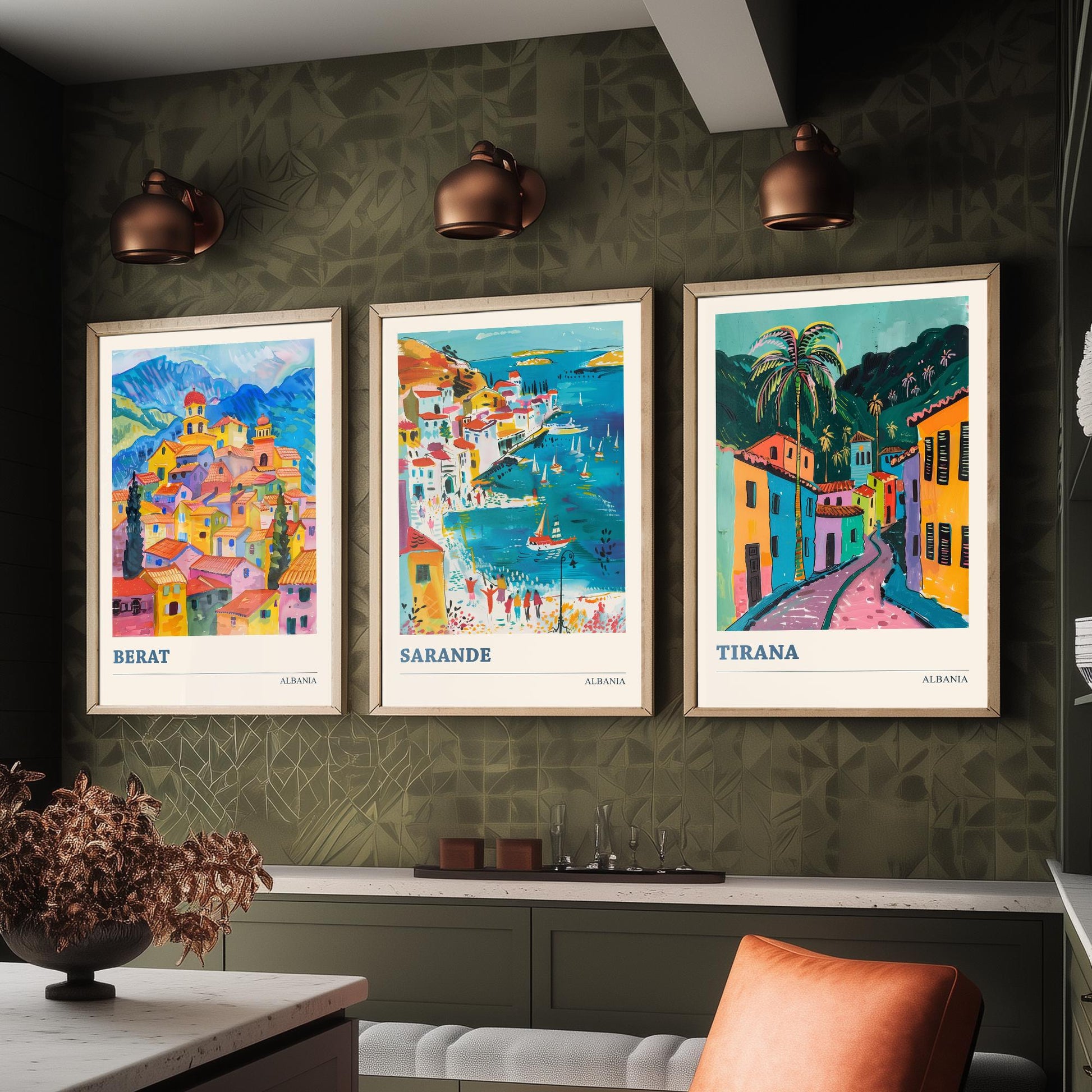 Albania Set of Three Prints | Berat Sarande Tirana | Colourful Balkan Travel Poster Wall Art - 3 Vibrant City Paintings