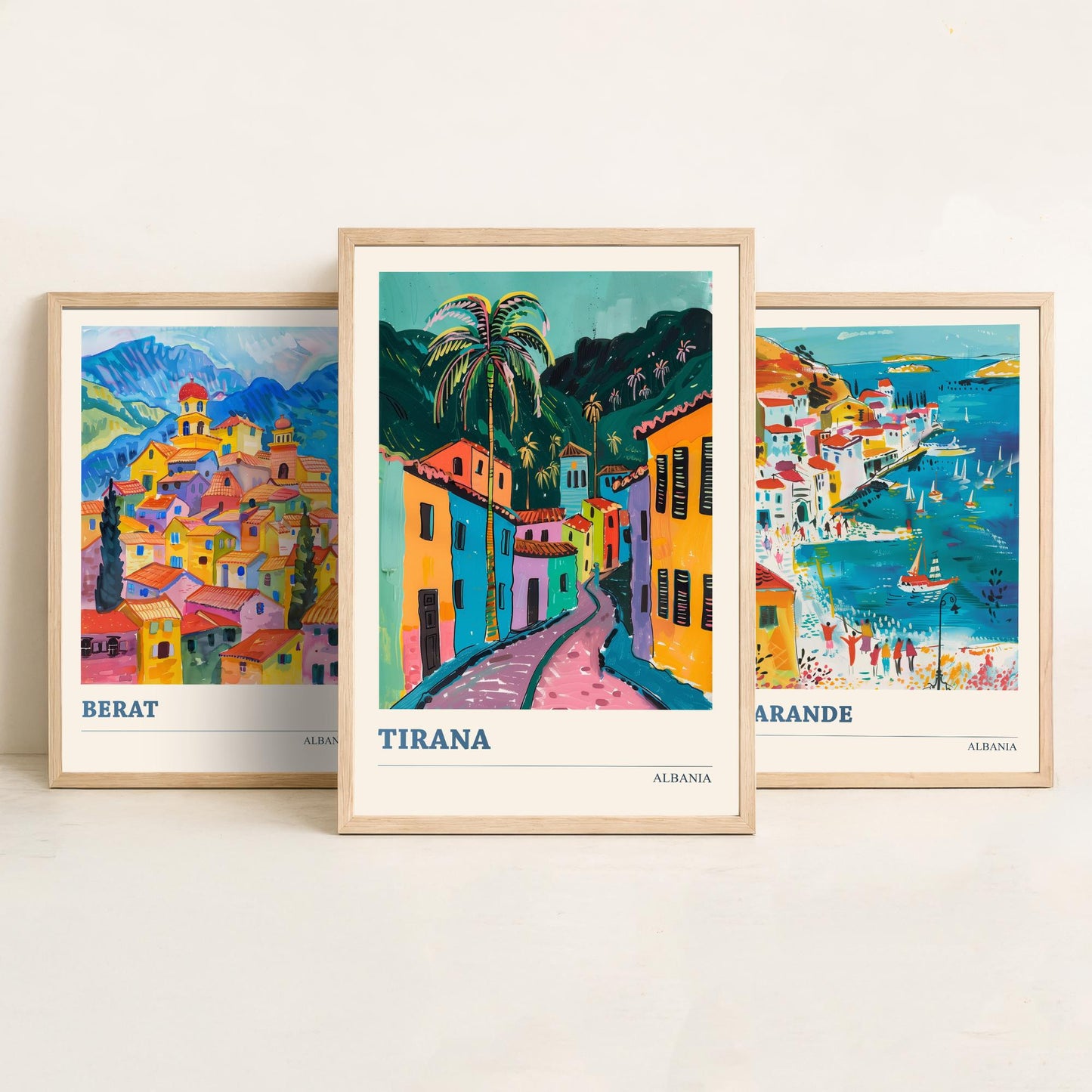 Albania Set of Three Prints | Berat Sarande Tirana | Colourful Balkan Travel Poster Wall Art - 3 Vibrant City Paintings