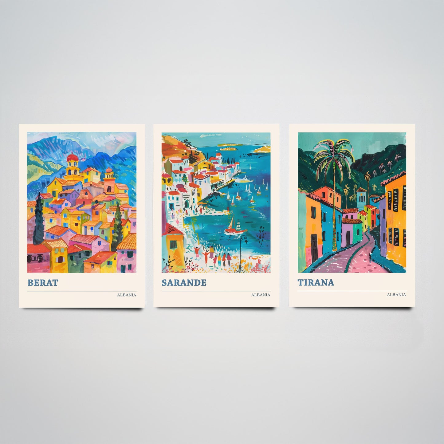 Albania Set of Three Prints | Berat Sarande Tirana | Colourful Balkan Travel Poster Wall Art - 3 Vibrant City Paintings