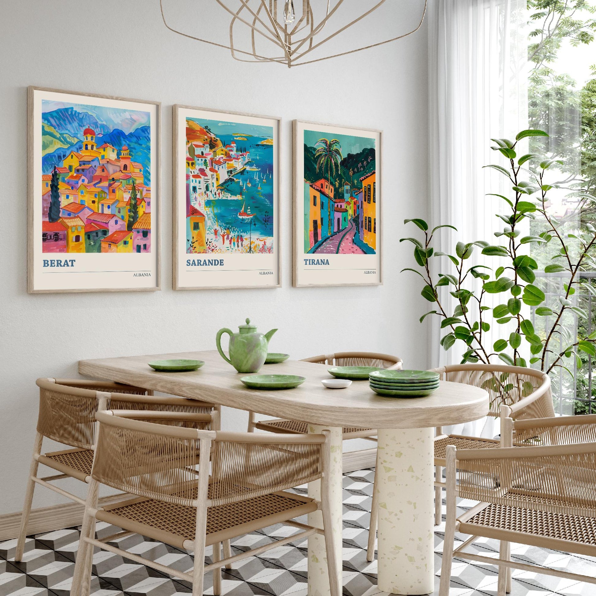 Albania Set of Three Prints | Berat Sarande Tirana | Colourful Balkan Travel Poster Wall Art - 3 Vibrant City Paintings