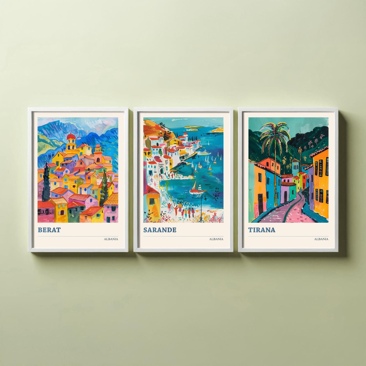 Albania Set of Three Prints | Berat Sarande Tirana | Colourful Balkan Travel Poster Wall Art - 3 Vibrant City Paintings