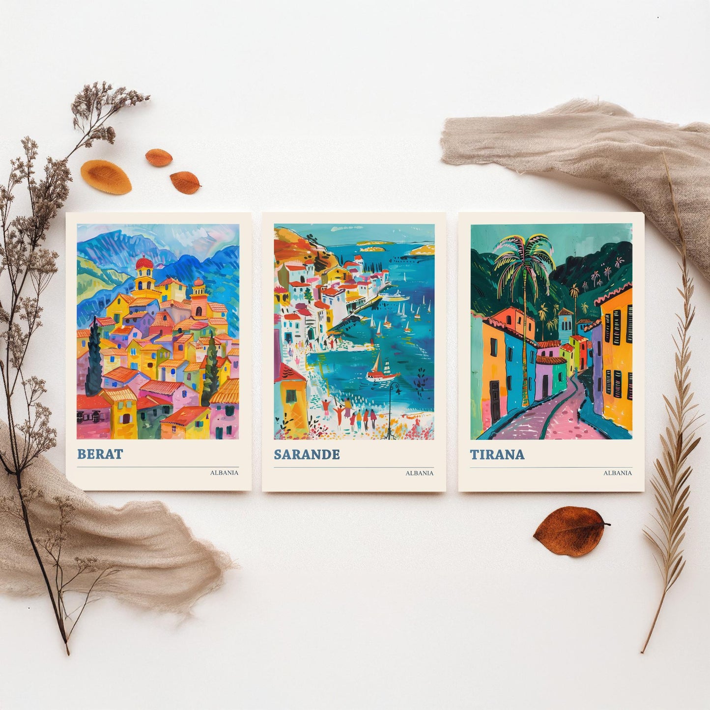 Albania Set of Three Prints | Berat Sarande Tirana | Colourful Balkan Travel Poster Wall Art - 3 Vibrant City Paintings