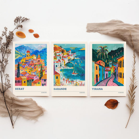 Albania Set of Three Prints | Berat Sarande Tirana | Colourful Balkan Travel Poster Wall Art - 3 Vibrant City Paintings