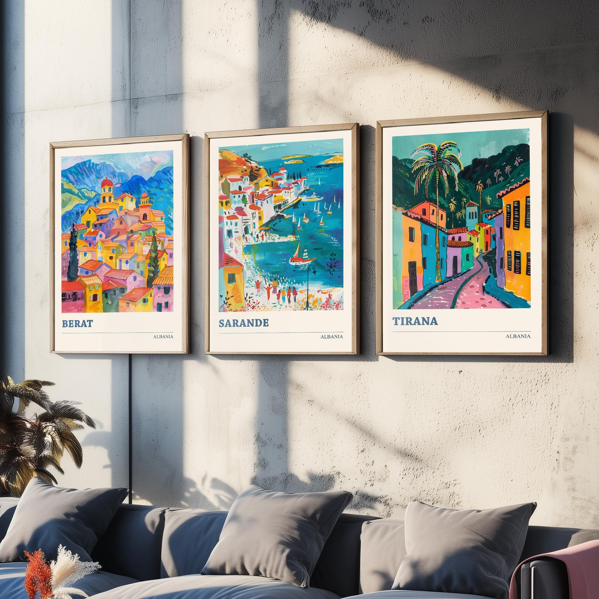 Albania Set of Three Prints | Berat Sarande Tirana | Colourful Balkan Travel Poster Wall Art - 3 Vibrant City Paintings