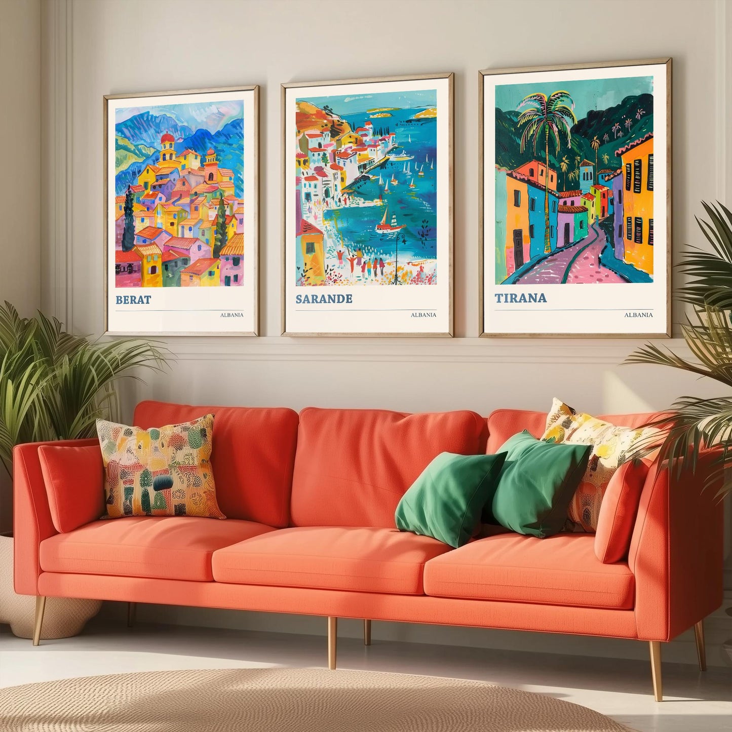 Albania Set of Three Prints | Berat Sarande Tirana | Colourful Balkan Travel Poster Wall Art - 3 Vibrant City Paintings