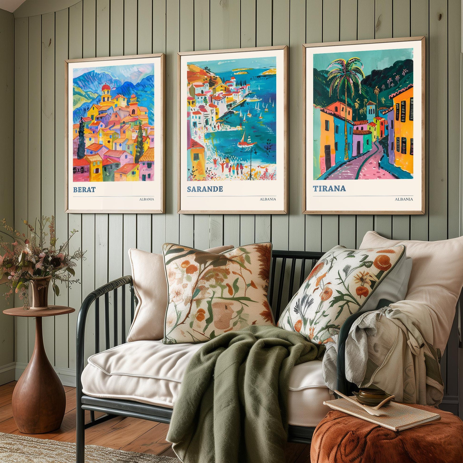 Albania Set of Three Prints | Berat Sarande Tirana | Colourful Balkan Travel Poster Wall Art - 3 Vibrant City Paintings