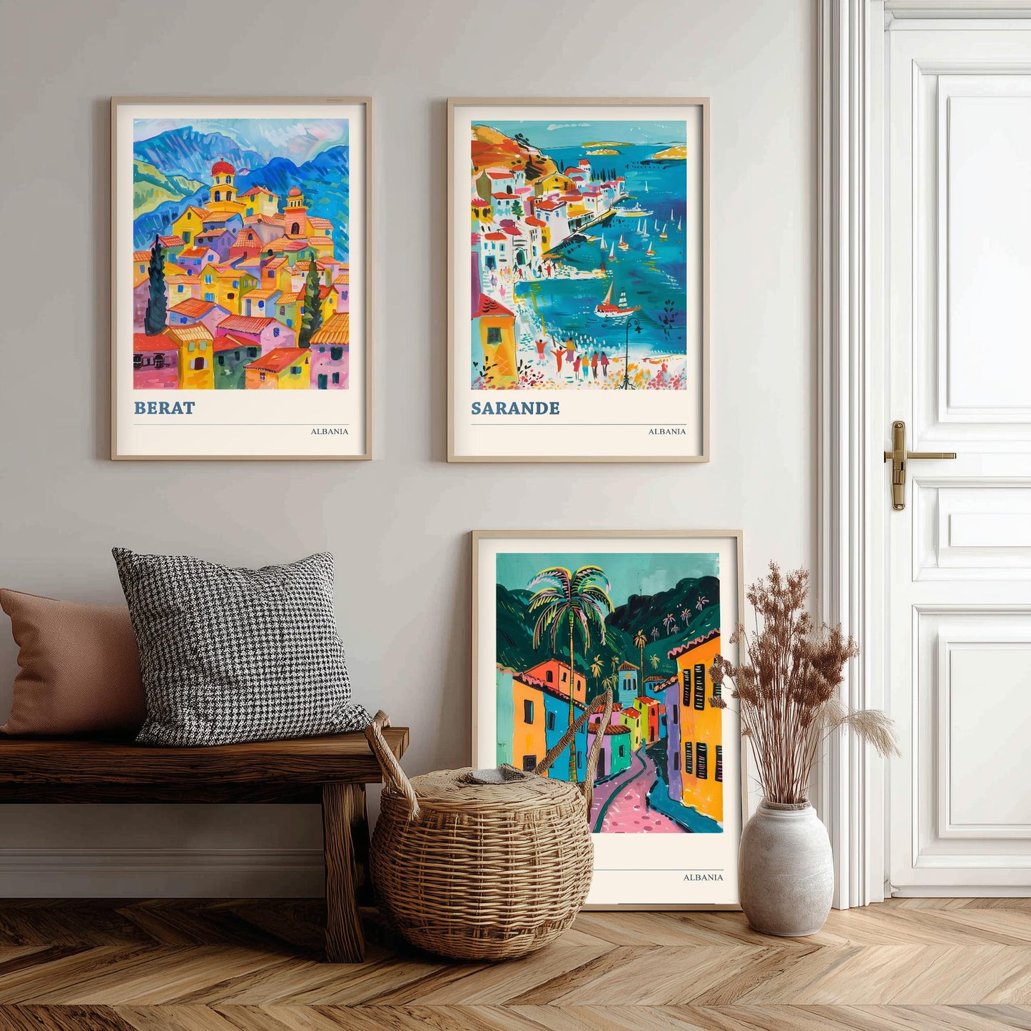 Albania Set of Three Prints | Berat Sarande Tirana | Colourful Balkan Travel Poster Wall Art - 3 Vibrant City Paintings