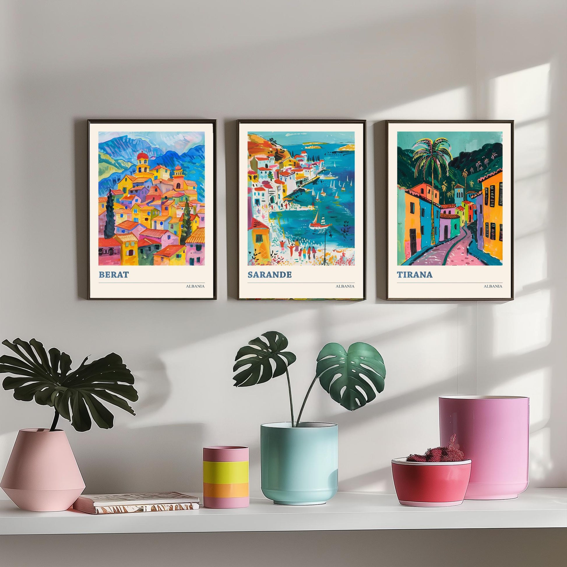 Albania Set of Three Prints | Berat Sarande Tirana | Colourful Balkan Travel Poster Wall Art - 3 Vibrant City Paintings