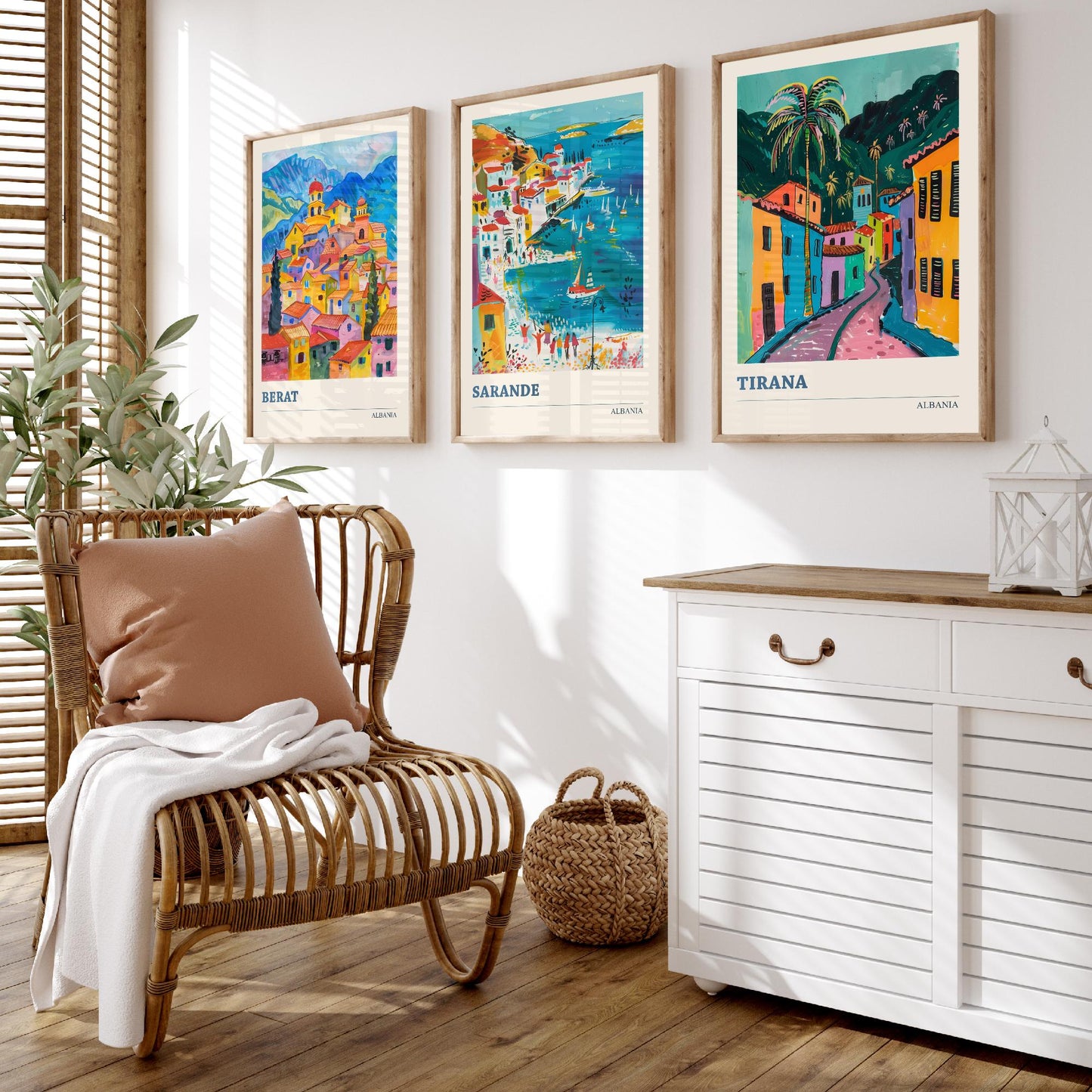 Albania Set of Three Prints | Berat Sarande Tirana | Colourful Balkan Travel Poster Wall Art - 3 Vibrant City Paintings