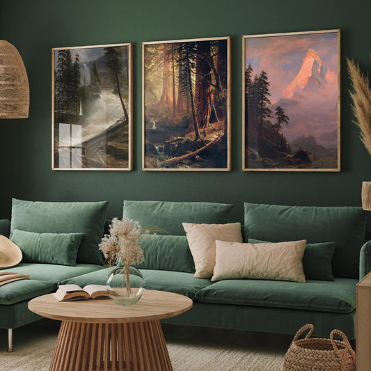 Albert Bierstadt Set of Three Art Prints - Mountain Waterfall, Giant Redwoods, Matterhorn - Romantic Landscape Painting Poster