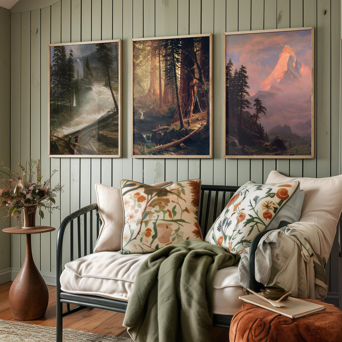 Albert Bierstadt Set of Three Art Prints - Mountain Waterfall, Giant Redwoods, Matterhorn - Romantic Landscape Painting Poster