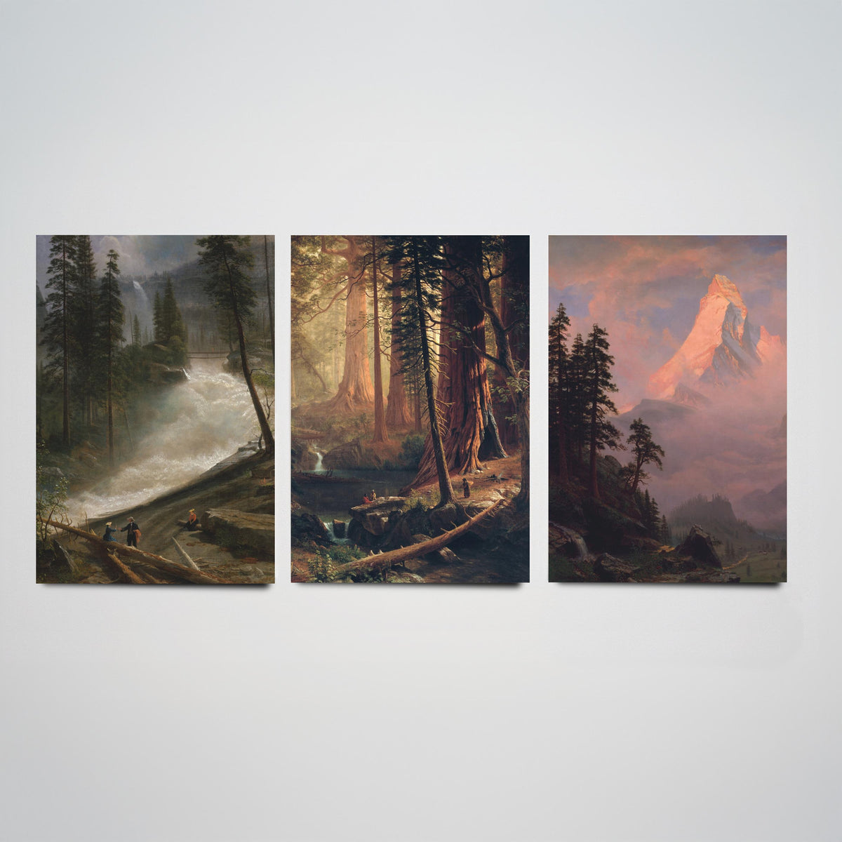 Albert Bierstadt Set of Three Art Prints - Mountain Waterfall, Giant Redwoods, Matterhorn - Romantic Landscape Painting Poster