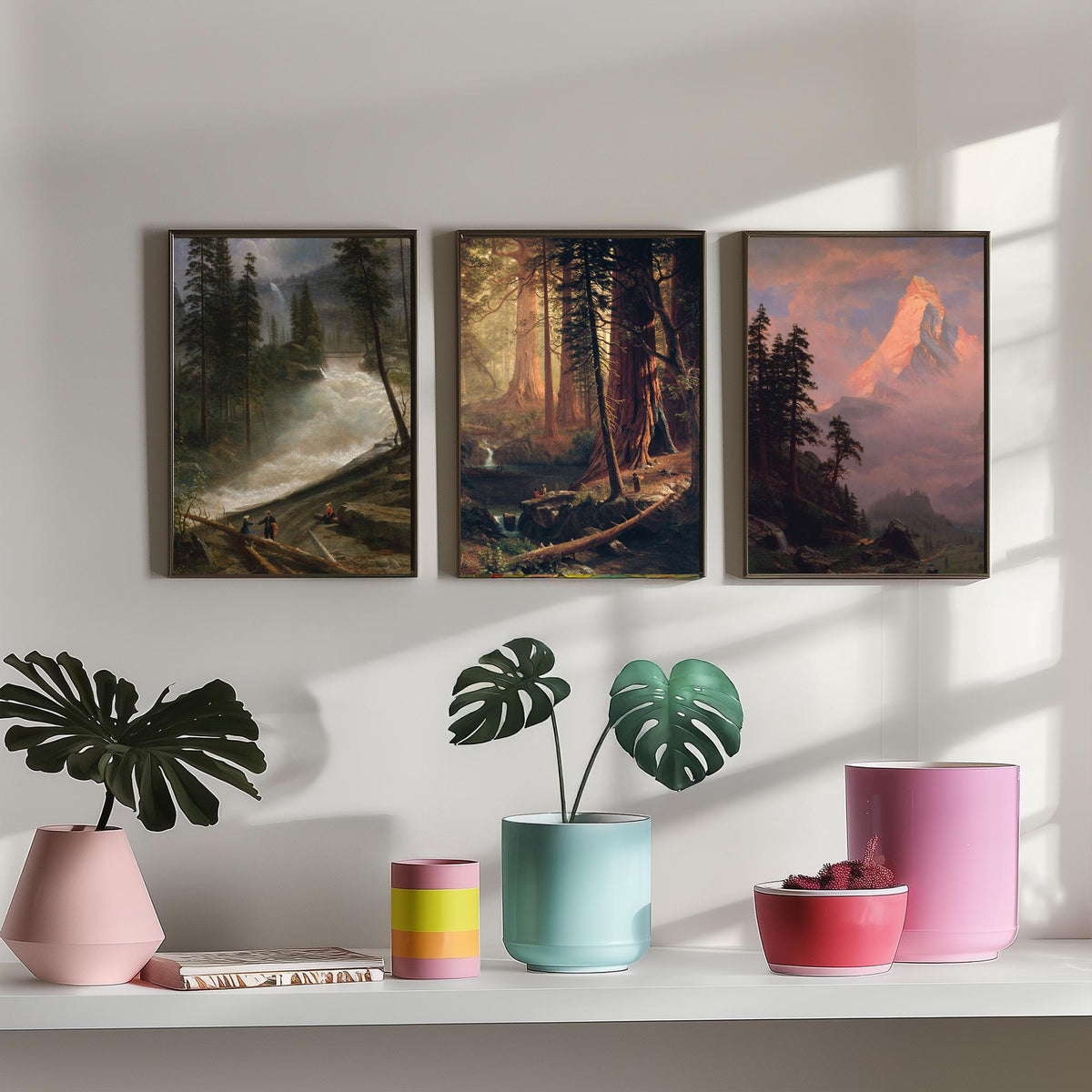Albert Bierstadt Set of Three Art Prints - Mountain Waterfall, Giant Redwoods, Matterhorn - Romantic Landscape Painting Poster