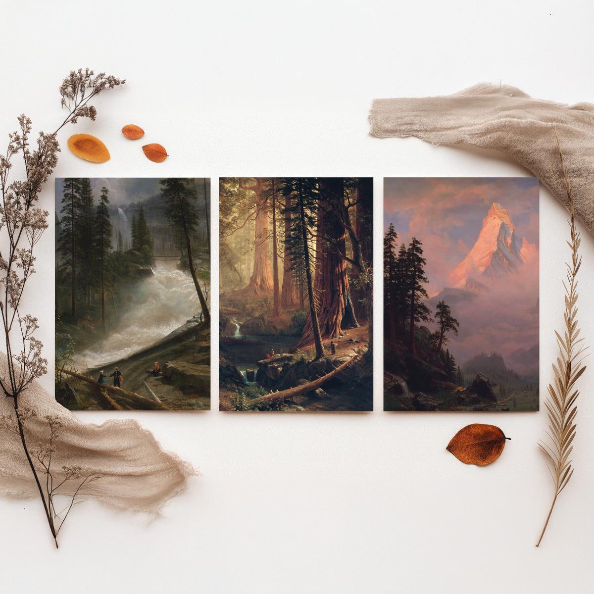 Albert Bierstadt Set of Three Art Prints - Mountain Waterfall, Giant Redwoods, Matterhorn - Romantic Landscape Painting Poster