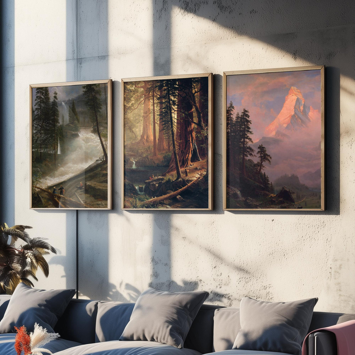 Albert Bierstadt Set of Three Art Prints - Mountain Waterfall, Giant Redwoods, Matterhorn - Romantic Landscape Painting Poster