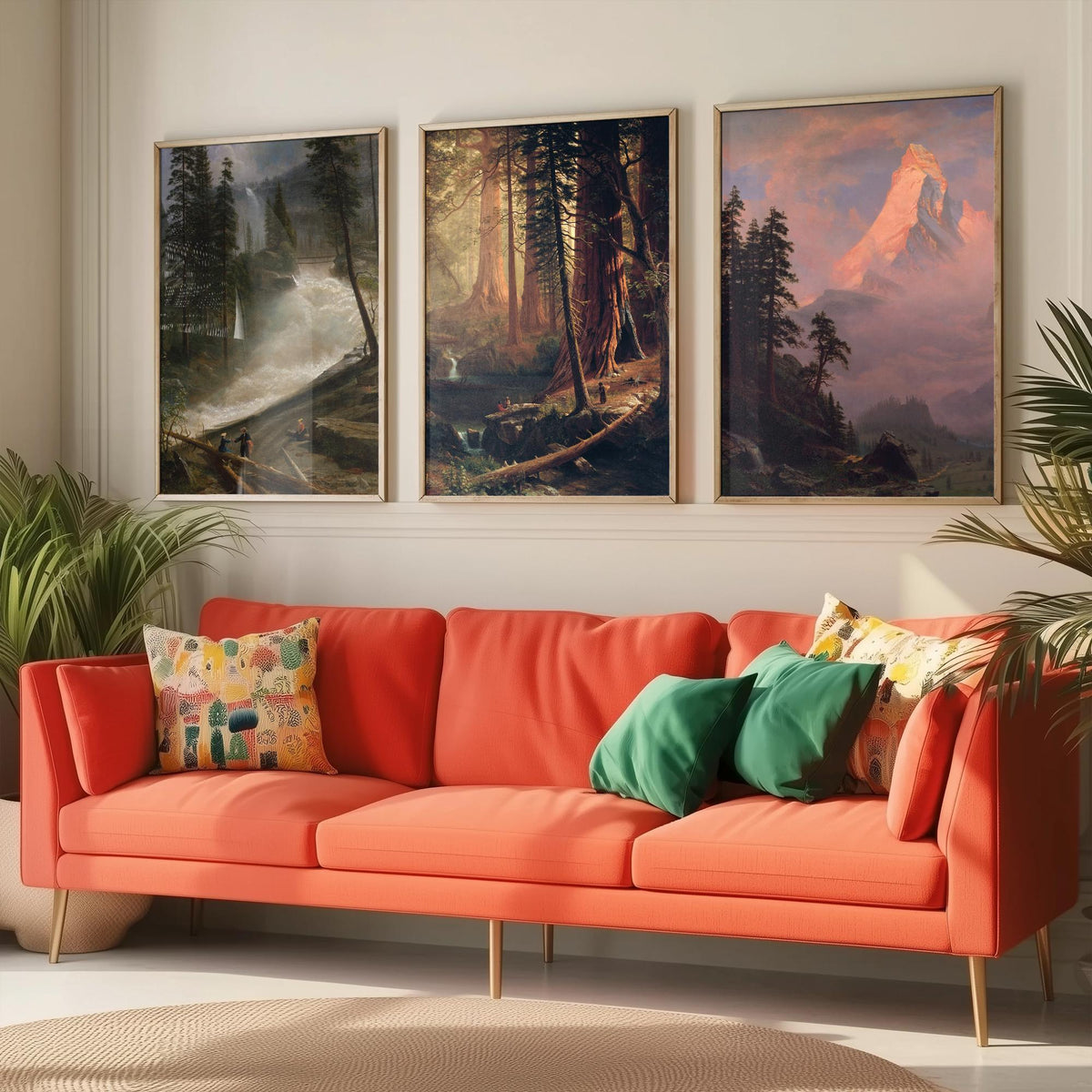 Albert Bierstadt Set of Three Art Prints - Mountain Waterfall, Giant Redwoods, Matterhorn - Romantic Landscape Painting Poster