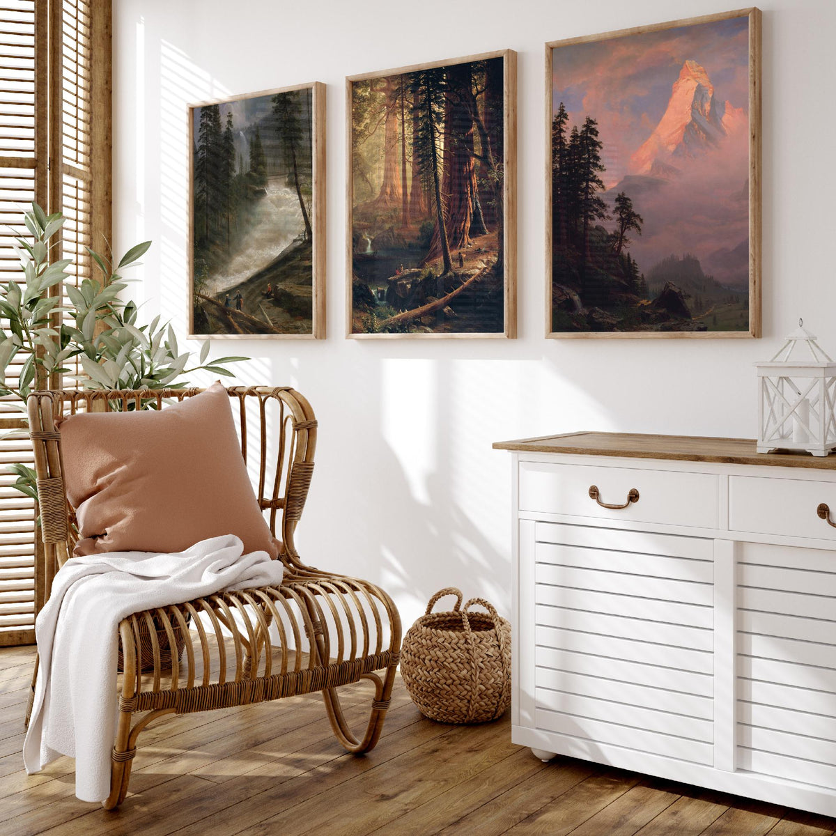 Albert Bierstadt Set of Three Art Prints - Mountain Waterfall, Giant Redwoods, Matterhorn - Romantic Landscape Painting Poster