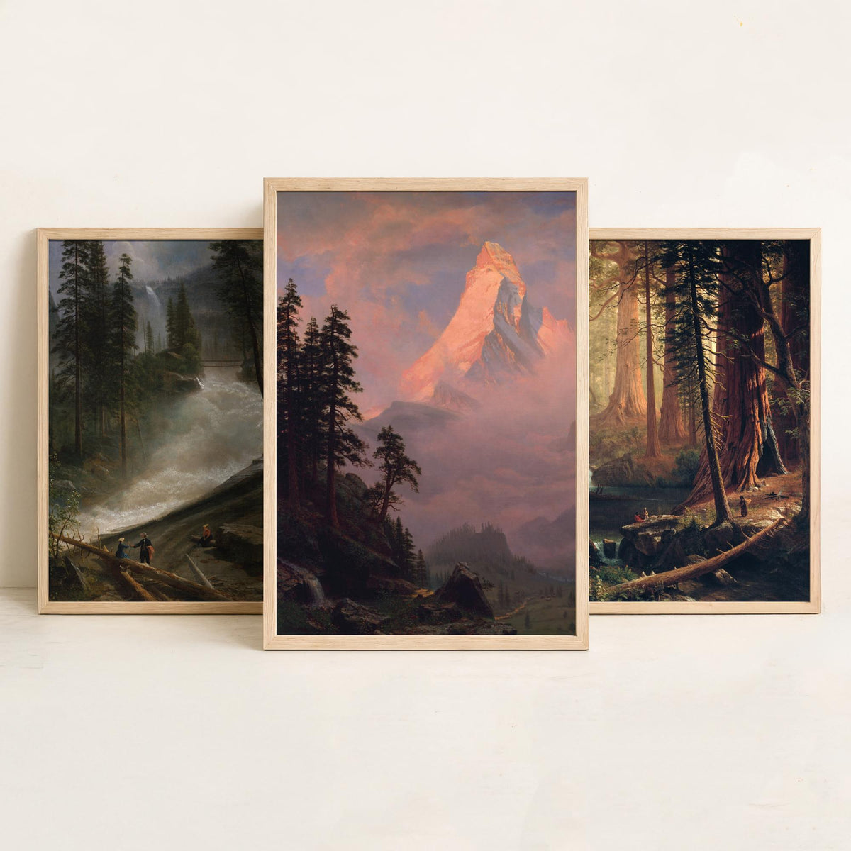 Albert Bierstadt Set of Three Art Prints - Mountain Waterfall, Giant Redwoods, Matterhorn - Romantic Landscape Painting Poster