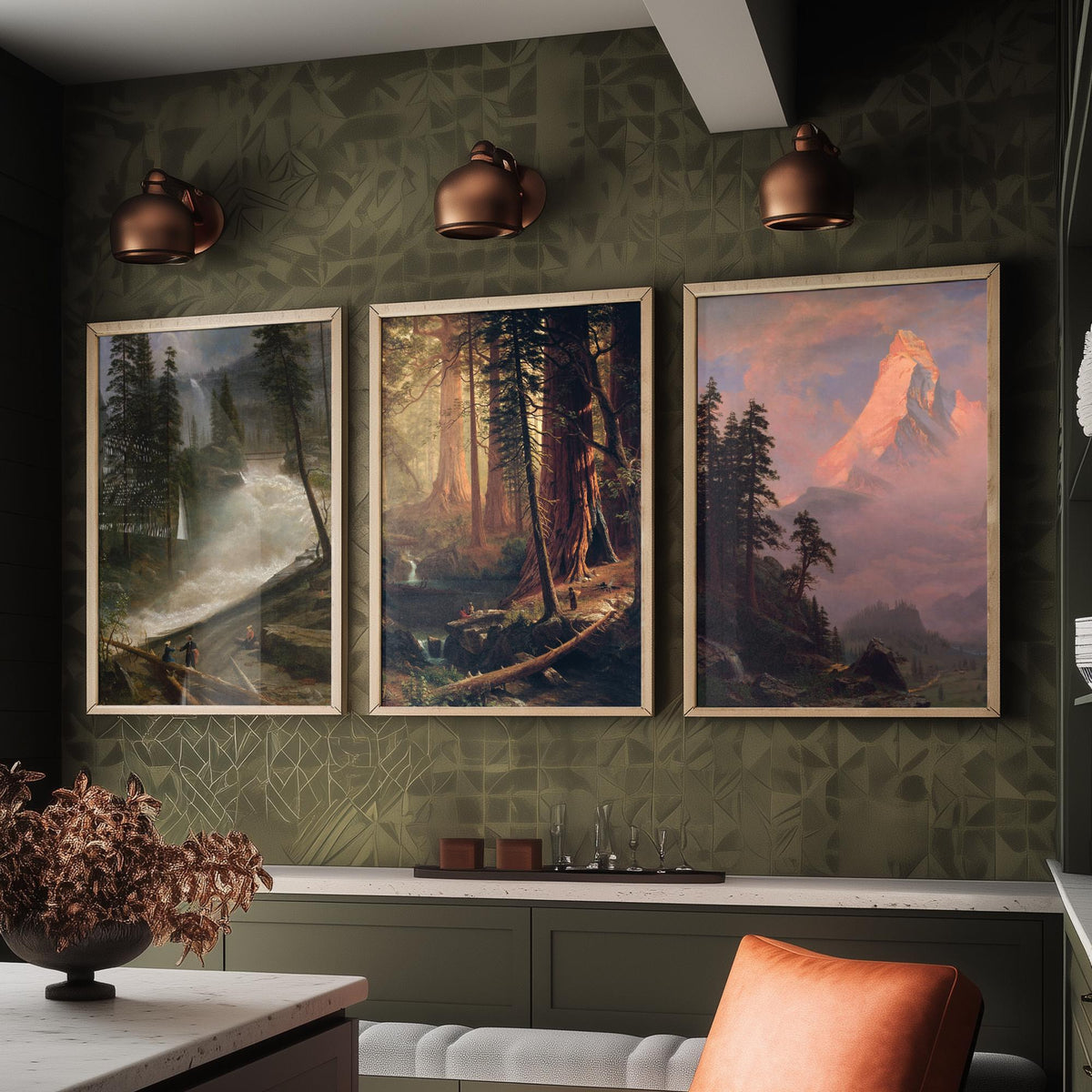 Albert Bierstadt Set of Three Art Prints - Mountain Waterfall, Giant Redwoods, Matterhorn - Romantic Landscape Painting Poster