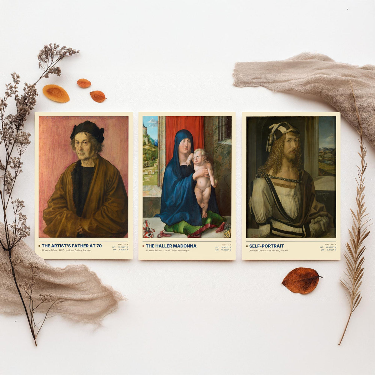 Albrecht Durer Set of Three Art Prints - Father at 70, Haller Madonna, Self-Portrait - Northern Renaissance Gallery Posters - Paintings
