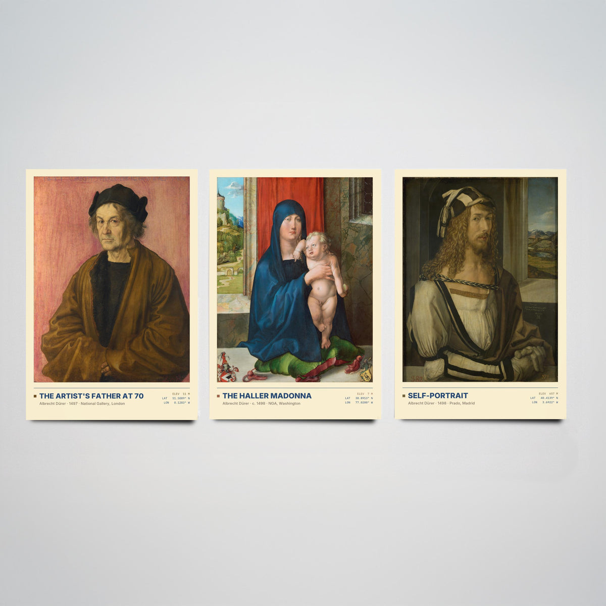 Albrecht Durer Set of Three Art Prints - Father at 70, Haller Madonna, Self-Portrait - Northern Renaissance Gallery Posters - Paintings