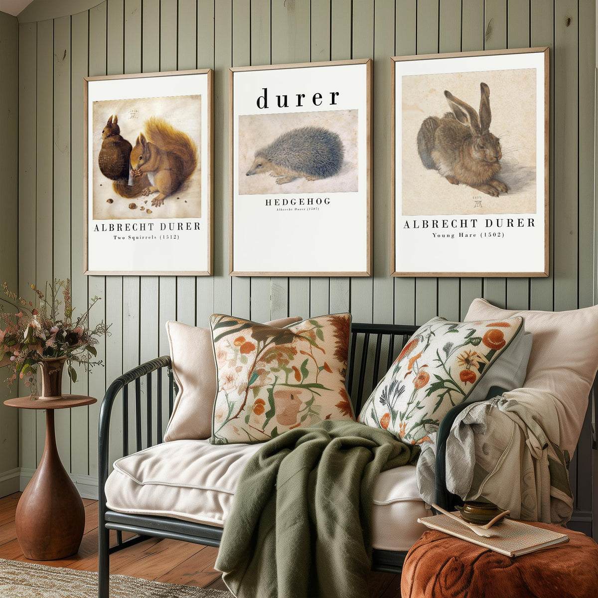 Albrecht Durer Set of Three Art Prints - Two Squirrels, Hedgehog, Young Hare - Watercolour Animal Study Poster