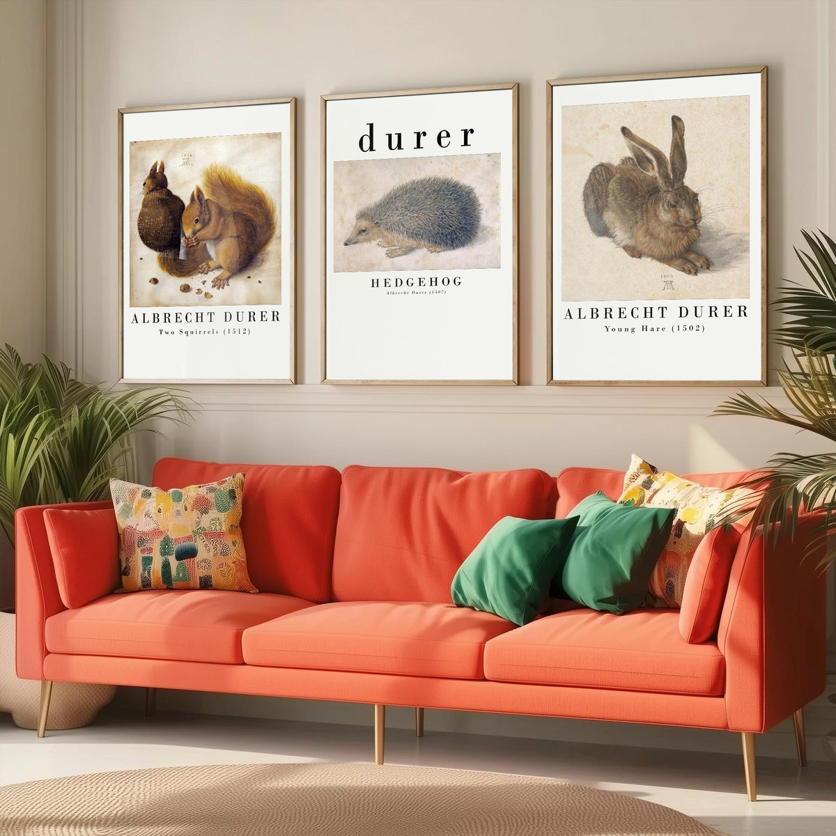 Albrecht Durer Set of Three Art Prints - Two Squirrels, Hedgehog, Young Hare - Watercolour Animal Study Poster
