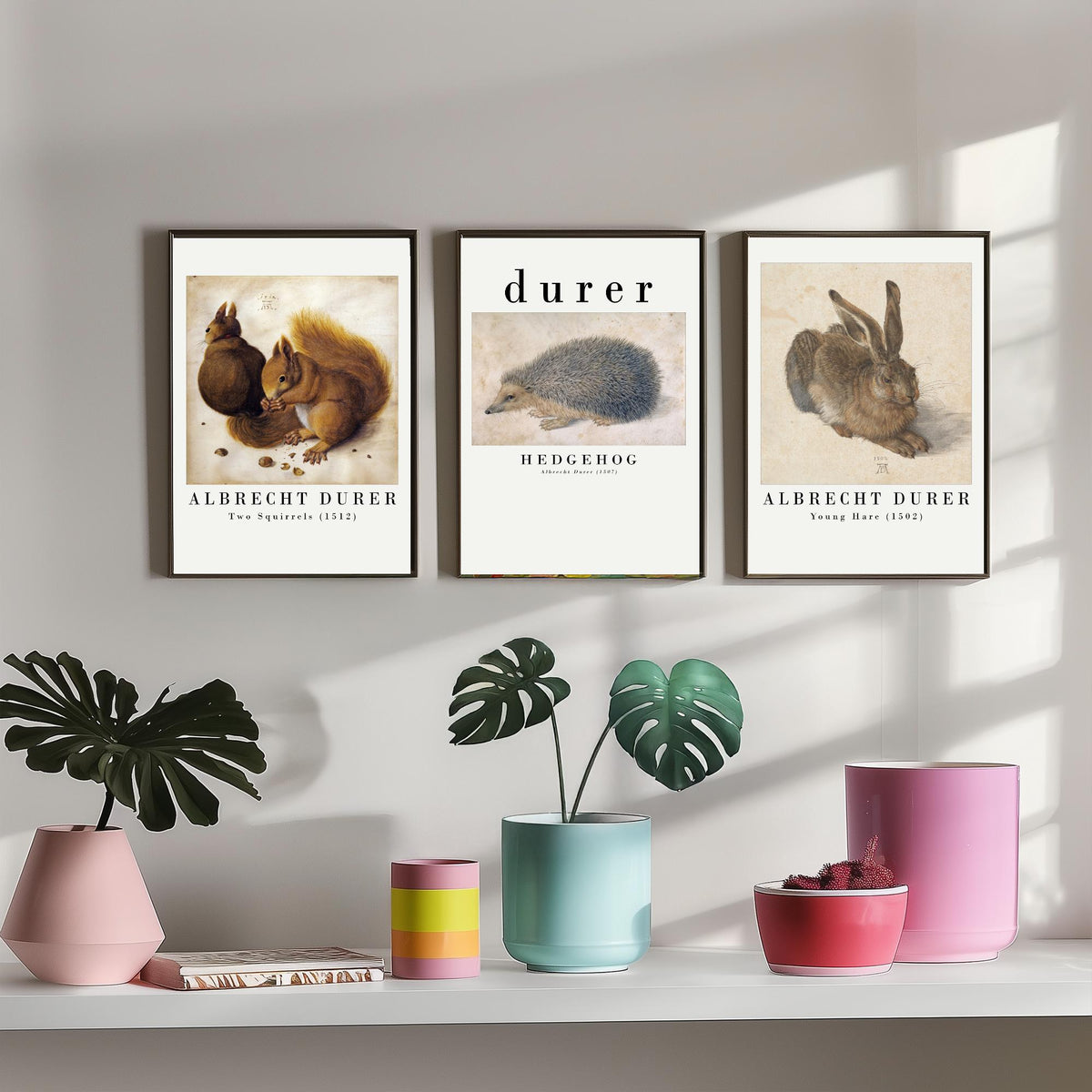 Albrecht Durer Set of Three Art Prints - Two Squirrels, Hedgehog, Young Hare - Watercolour Animal Study Poster