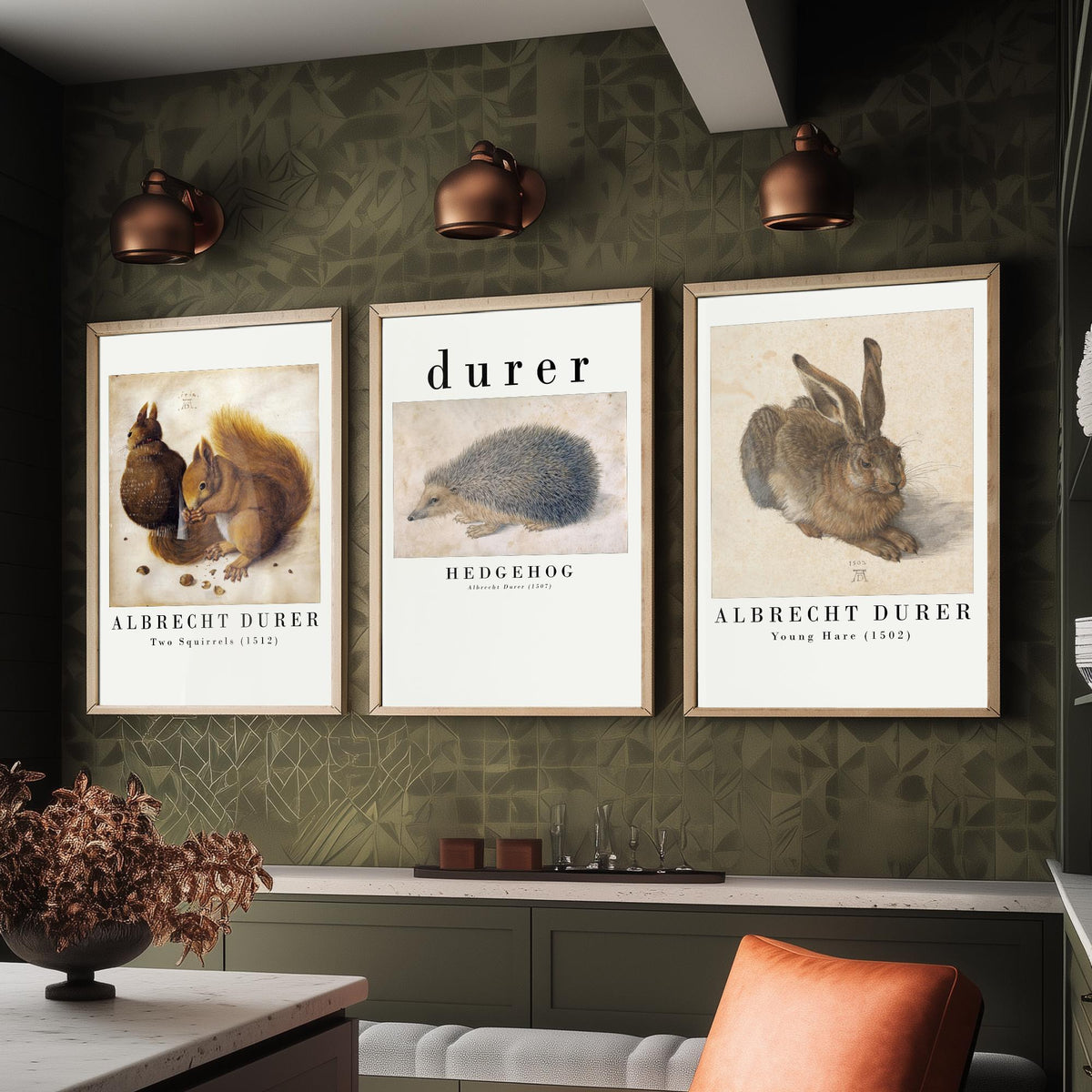 Albrecht Durer Set of Three Art Prints - Two Squirrels, Hedgehog, Young Hare - Watercolour Animal Study Poster