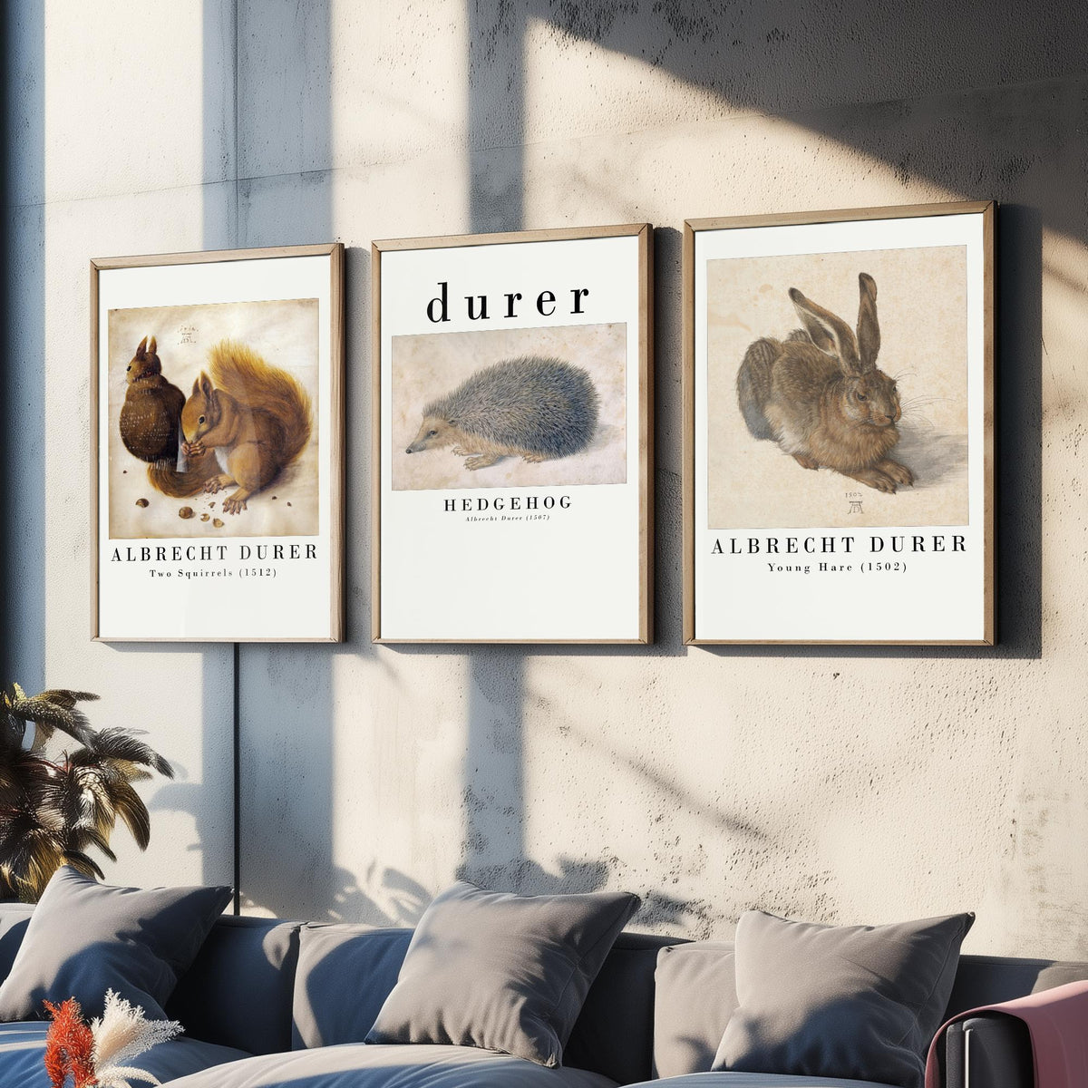 Albrecht Durer Set of Three Art Prints - Two Squirrels, Hedgehog, Young Hare - Watercolour Animal Study Poster