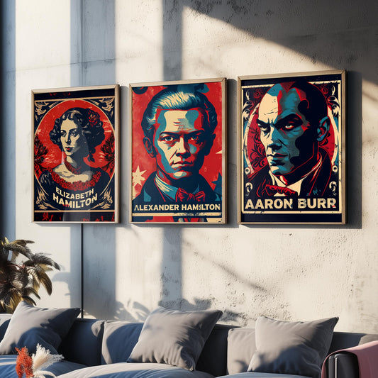 Alexander Hamilton Set of Three Art Prints - Elizabeth Hamilton, Alexander Hamilton, Aaron Burr - Vintage Propaganda Poster Illustration