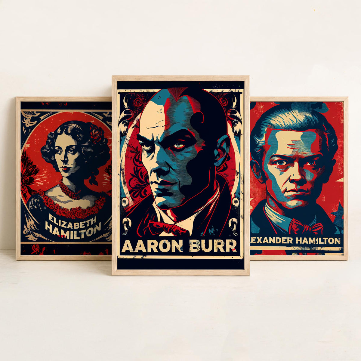 Alexander Hamilton Set of Three Art Prints - Elizabeth Hamilton, Alexander Hamilton, Aaron Burr - Vintage Propaganda Poster Illustration
