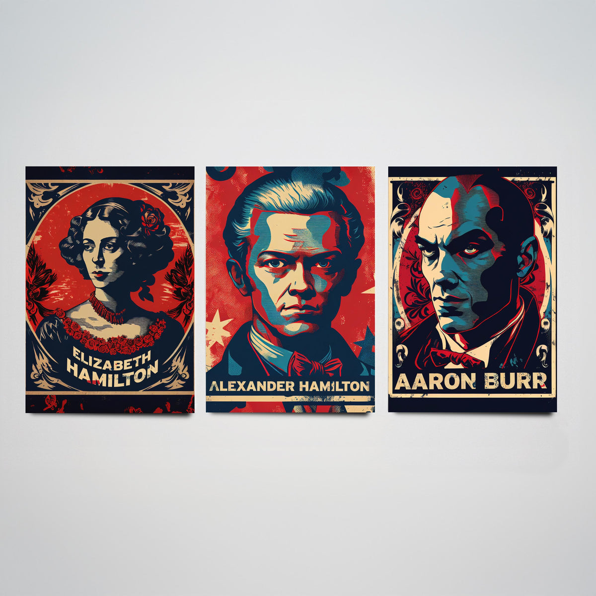 Alexander Hamilton Set of Three Art Prints - Elizabeth Hamilton, Alexander Hamilton, Aaron Burr - Vintage Propaganda Poster Illustration