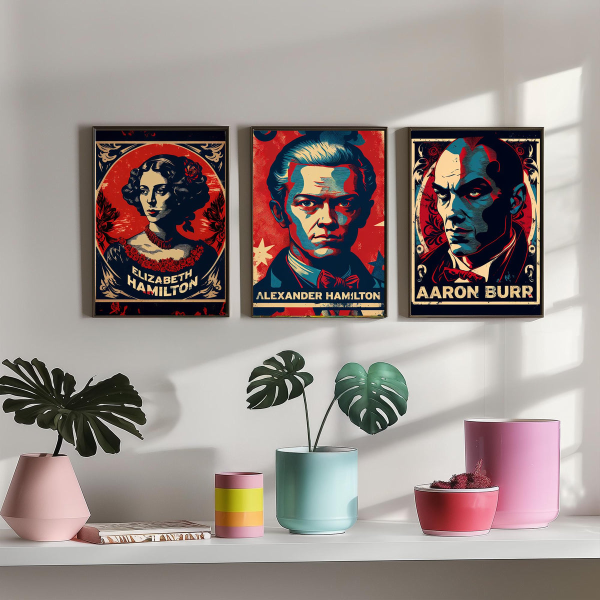 Alexander Hamilton Set of Three Art Prints - Elizabeth Hamilton, Alexander Hamilton, Aaron Burr - Vintage Propaganda Poster Illustration