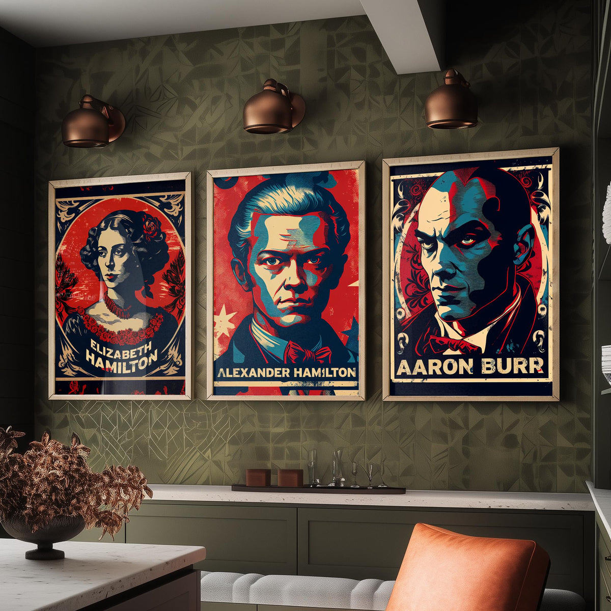 Alexander Hamilton Set of Three Art Prints - Elizabeth Hamilton, Alexander Hamilton, Aaron Burr - Vintage Propaganda Poster Illustration