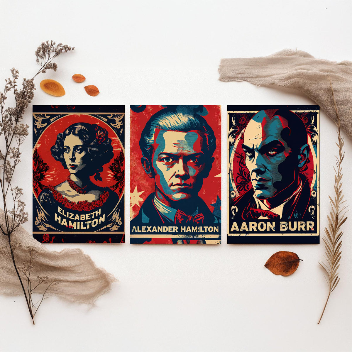 Alexander Hamilton Set of Three Art Prints - Elizabeth Hamilton, Alexander Hamilton, Aaron Burr - Vintage Propaganda Poster Illustration